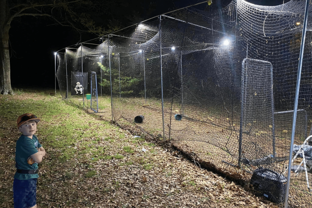 A backyard batting cage in fall