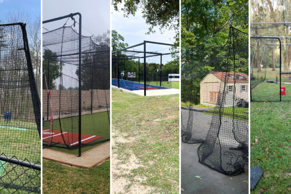 A collage of 5 different kinds of backyard batting cage setups