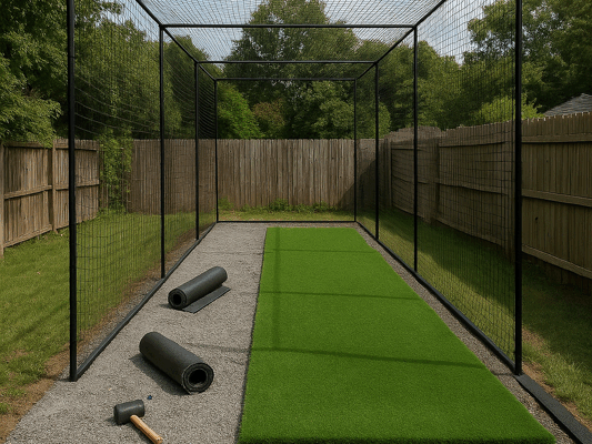 Backyard batting cage construction in progress with netting, poles, and turf visible