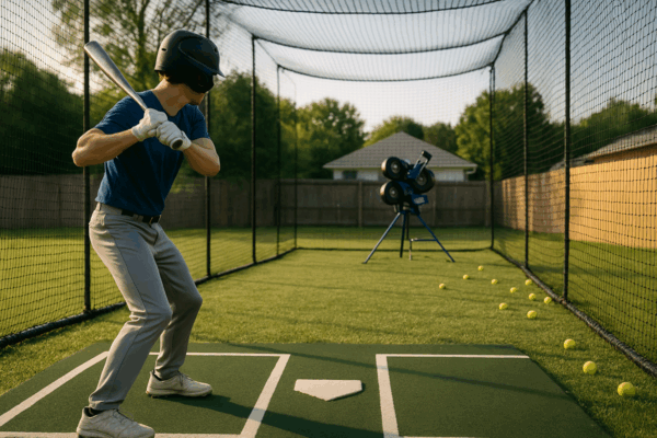 A well-maintained backyard batting cage setup with artificial turf flooring and surrounding greenery.