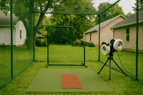 Backyard batting cage with green netting and turf mat featuring an L-screen and a two-wheel pitching machine set up for batting practice.