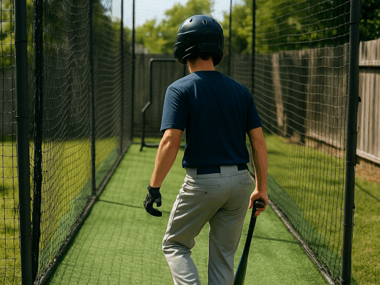 Young baseball player stepping into a backyard batting cage for the first time