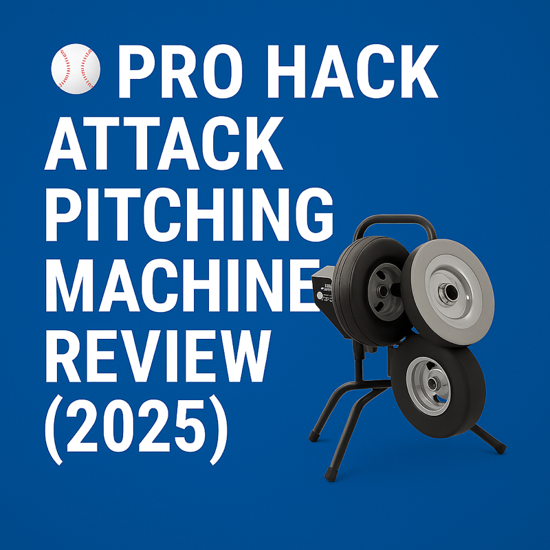 Pro Hack Attack pitching machine graphic with bold title text and machine image on blue background