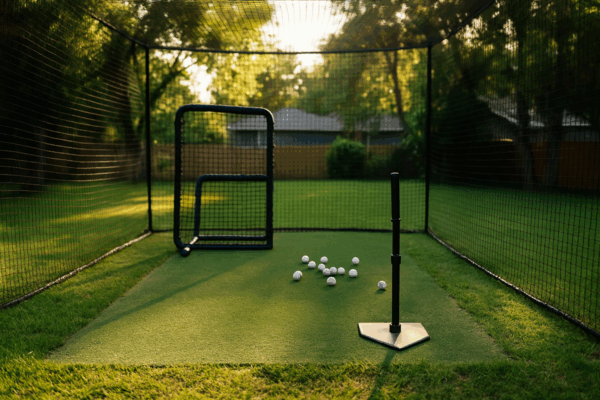 Backyard batting cage prepared for rental with tee and L-screen