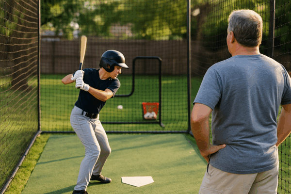 Backyard batting cage with young player swinging and adult coach watching