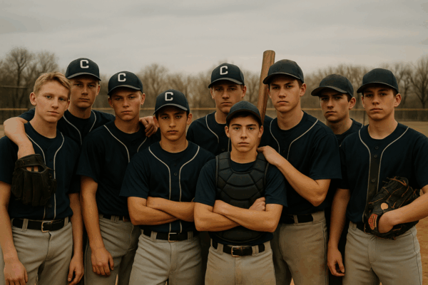 Gritty youth baseball team posing together in matching navy uniforms on a cloudy day